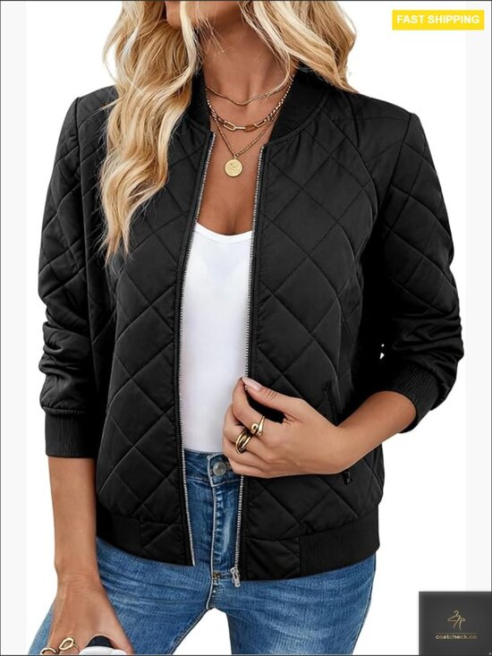 Jackets & Blazers - Quilted Bomber Jacket Zip Up Lightweight Casual Coat with Pockets Long Sleeve